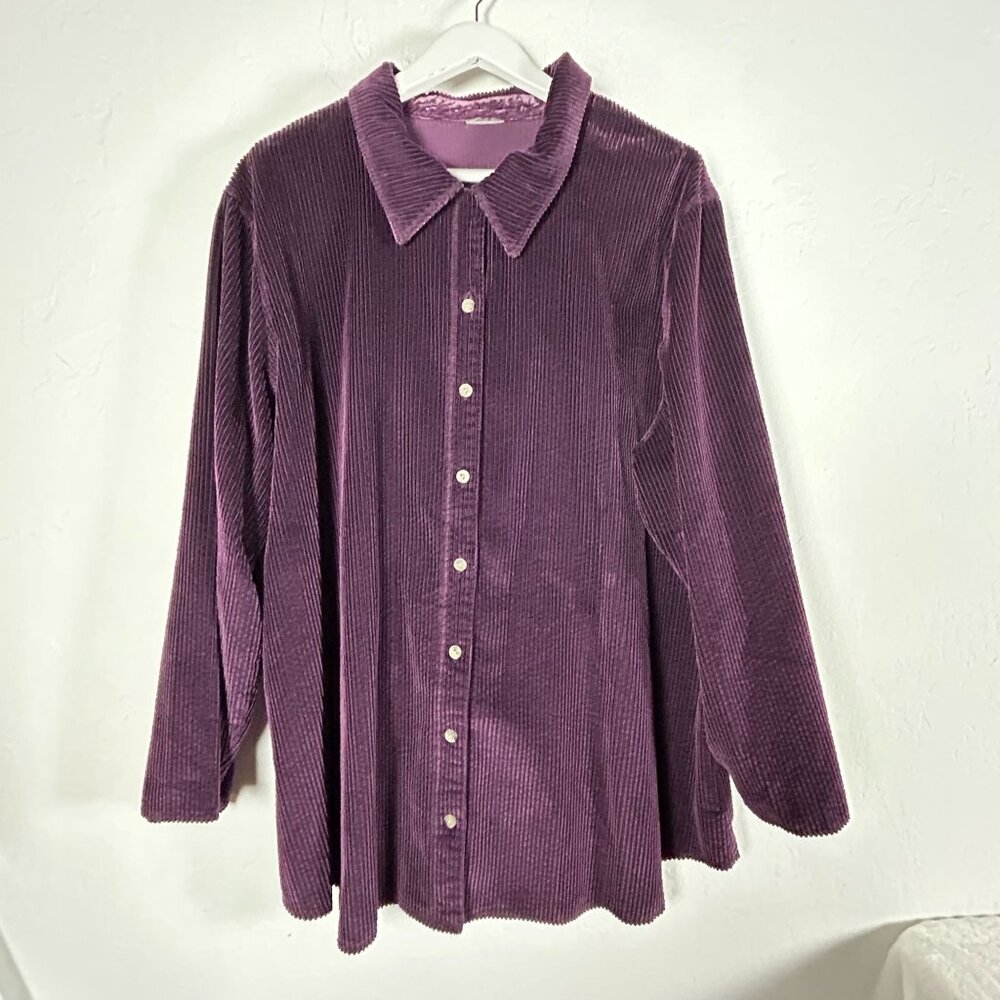 Women's Purple Corduroy Button-Up Shirt Long Sleeve Cotton Velvet Back Accent